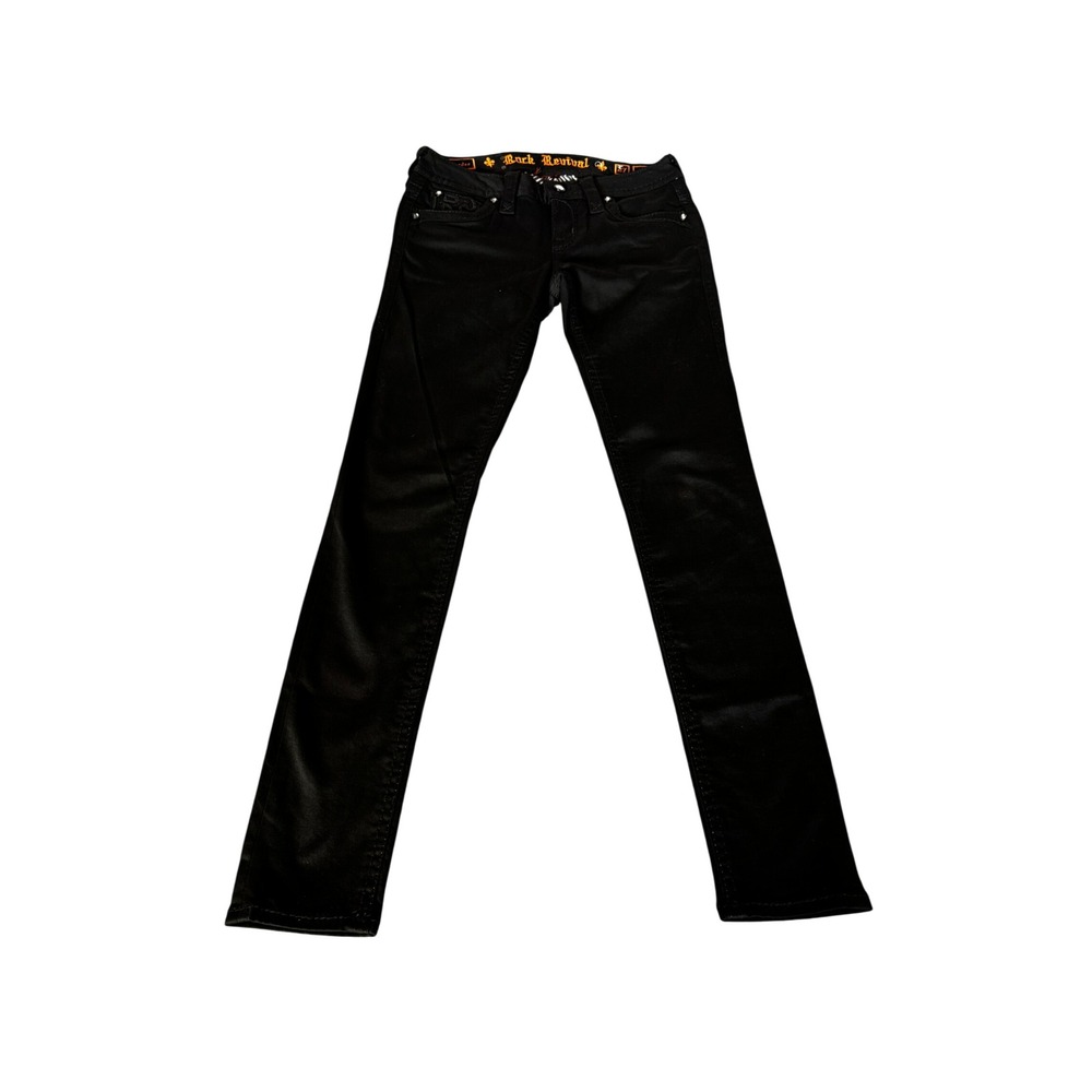 Rock Revival Sundee Slim Straight Black Embellished Jeans Size 27 Low Rise
